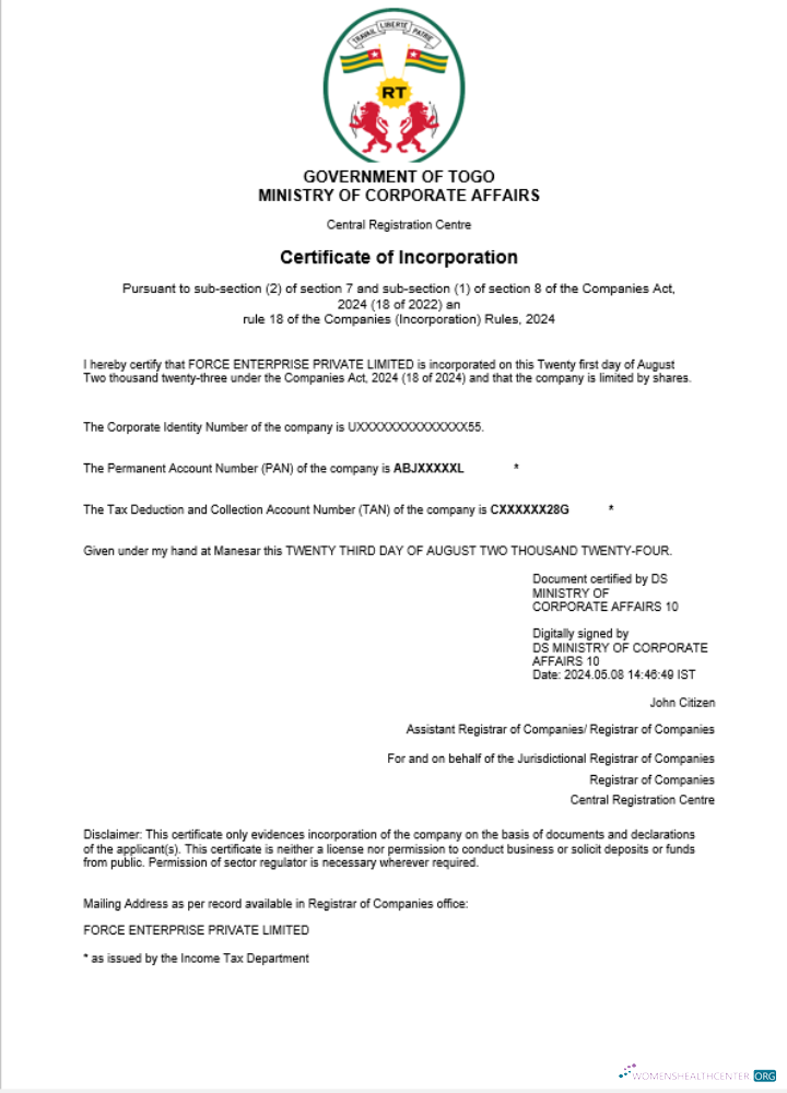 Download Togo business registration certificate Word and PDF template Photoshop template